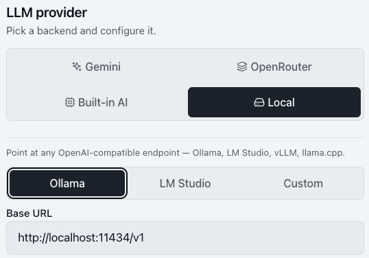 Auto Browser settings — four LLM provider tabs (Gemini, OpenRouter, Built-in AI, Local) with a backend chooser (Ollama, LM Studio, Custom) and base URL field.